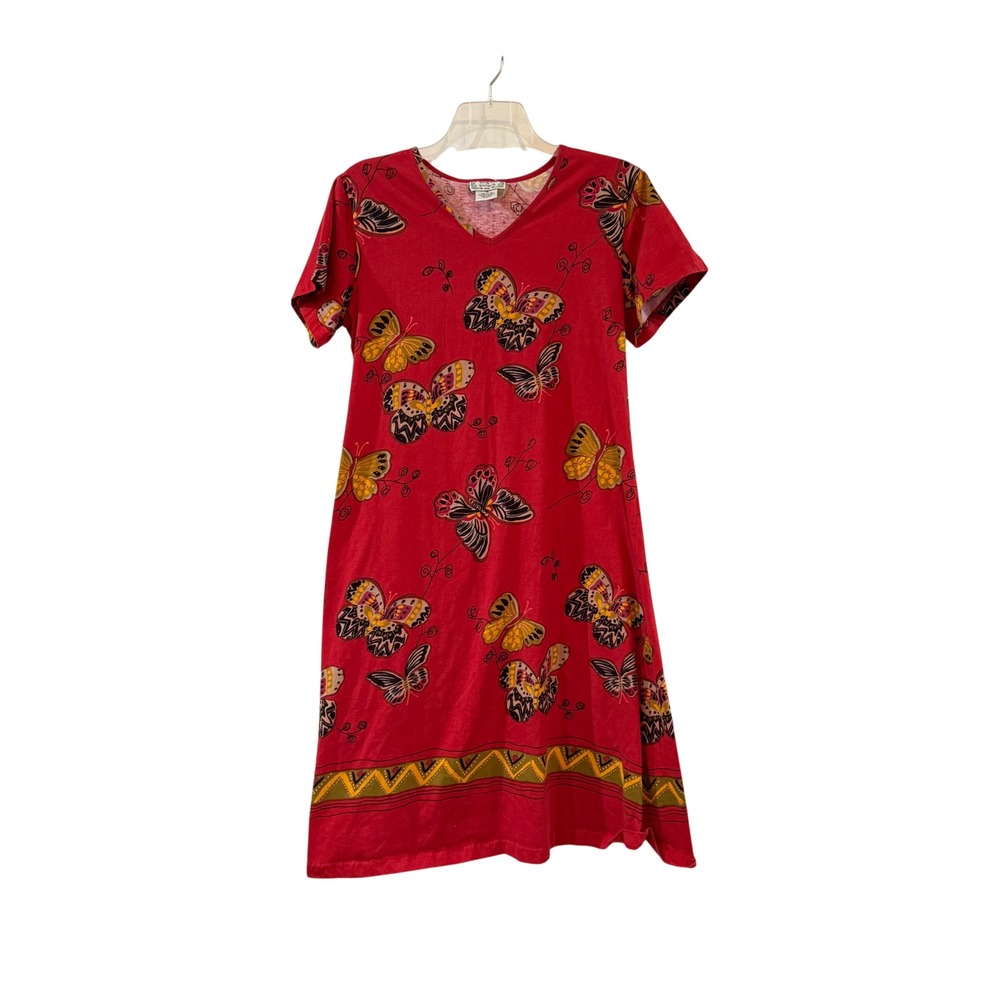 Womens Red Butterfly Print 100% Cotton V-Neck T-Shirt Dress Medium Fairy Core - Picture 2 of 7